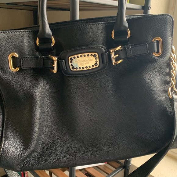Michael Kors Black Leather Tote Gold Accents - Picture 1 of 6